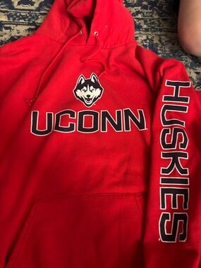 Vintage UConn Champion Red Pullover Hoodie with Branded Label